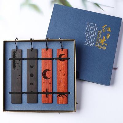 High Quality Chinese Style Bookmark Sandalwood Carving Wooden Book Mark Sun Moon Starry Mountain Book Clip Students Teachers