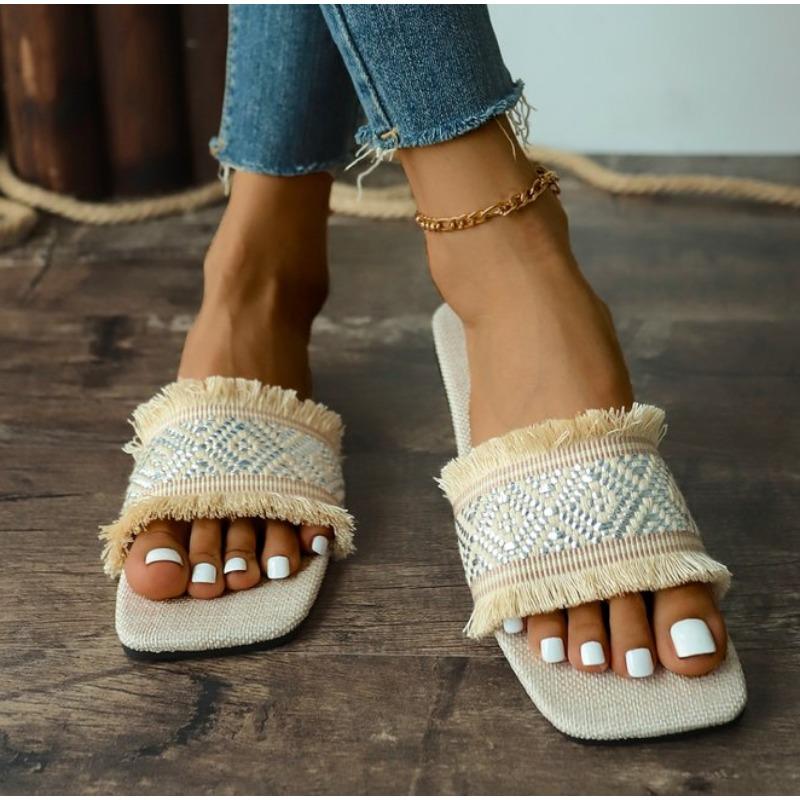 Fashion New Women Summer Straw Woven Casual Slippers Outdoor Espadrille Flip-flops Fashion Flat Ladies Sandals and Slippers Plus Size 43
