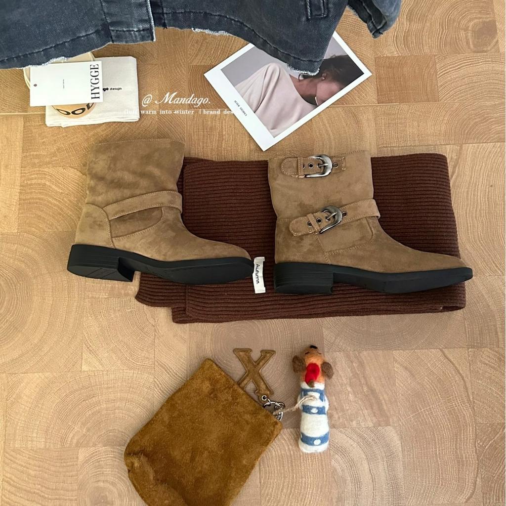 2025 Autumn and Winter New Round Head Low Tube Suede Belt Buckle Thick Heel Martin Fashion Women's Short Boots