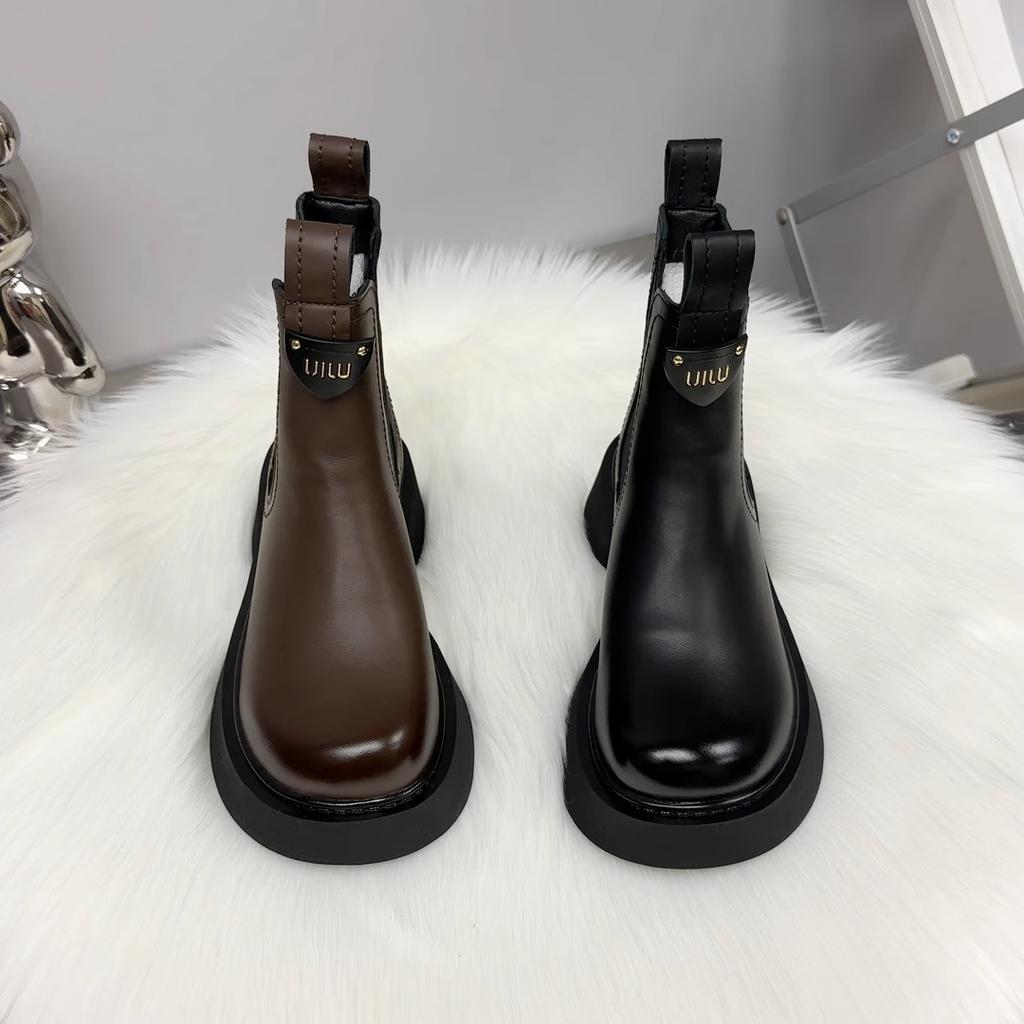 Leather Cigarette Boots Women's Fashion Martin Boots 2025 Autumn and Winter Velvet Mango Head Thick Sole Thin British Style Short Boots
