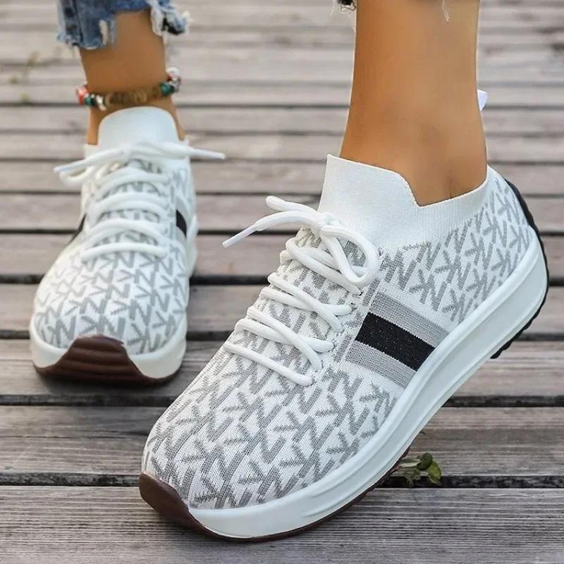 Fashion 2025 Women Wedges Sneakers Lace-Up Breathable Sports Shoes Casual Platform Female Footwear Ladies Vulcanized Shoes Zapatillas