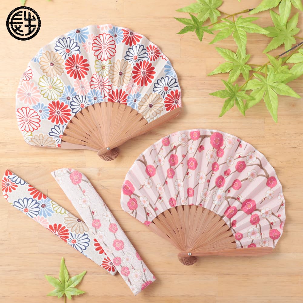 Folding fan for fan fan set with crepe komon plum [Osaka Choseido] women, stylish, business, bag, holder, handkerchief, (weeping pink)