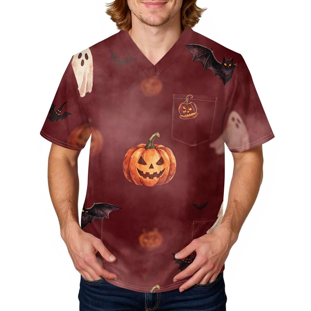 Men's Halloween Print Medical Scrub Top V Neck Tie Pocket Comfortable Fit Workwear for Healthcare Professionals Daily Use