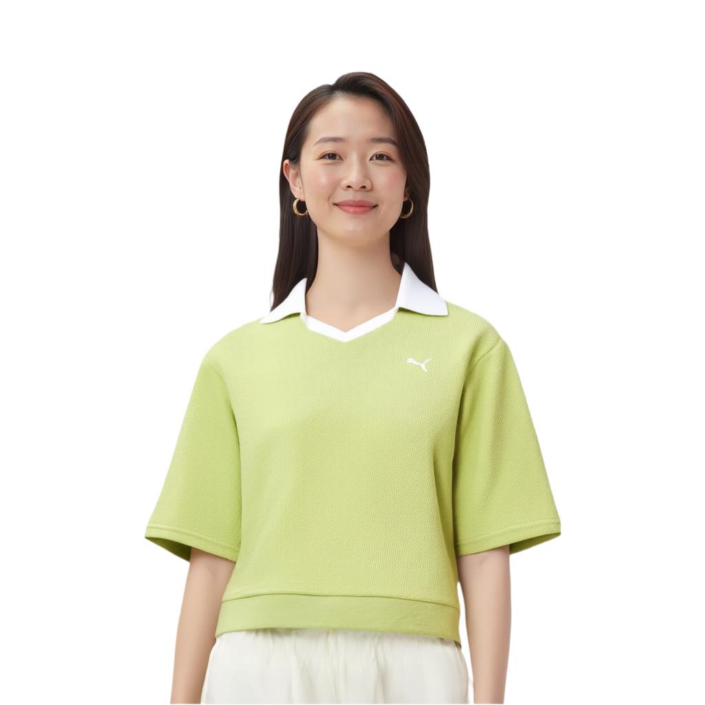 Puma Collective Femme 2.0 Polo Retro Sports Casual V Embroidered Logo Short Sleeve Polo Women Tops Pistachio-Green 631717-37