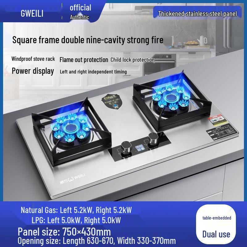 Weili Double Burner Gas Stove: Built-in/Portable, Natural Gas & LPG Compatible, High-Power Nine-Chamber Cooktop.