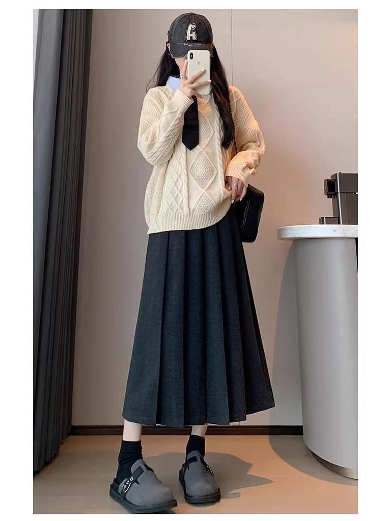 2026 Women's Petite High-Waisted Gray Wool Blend Pleated A-Line Skirt - Autumn Style