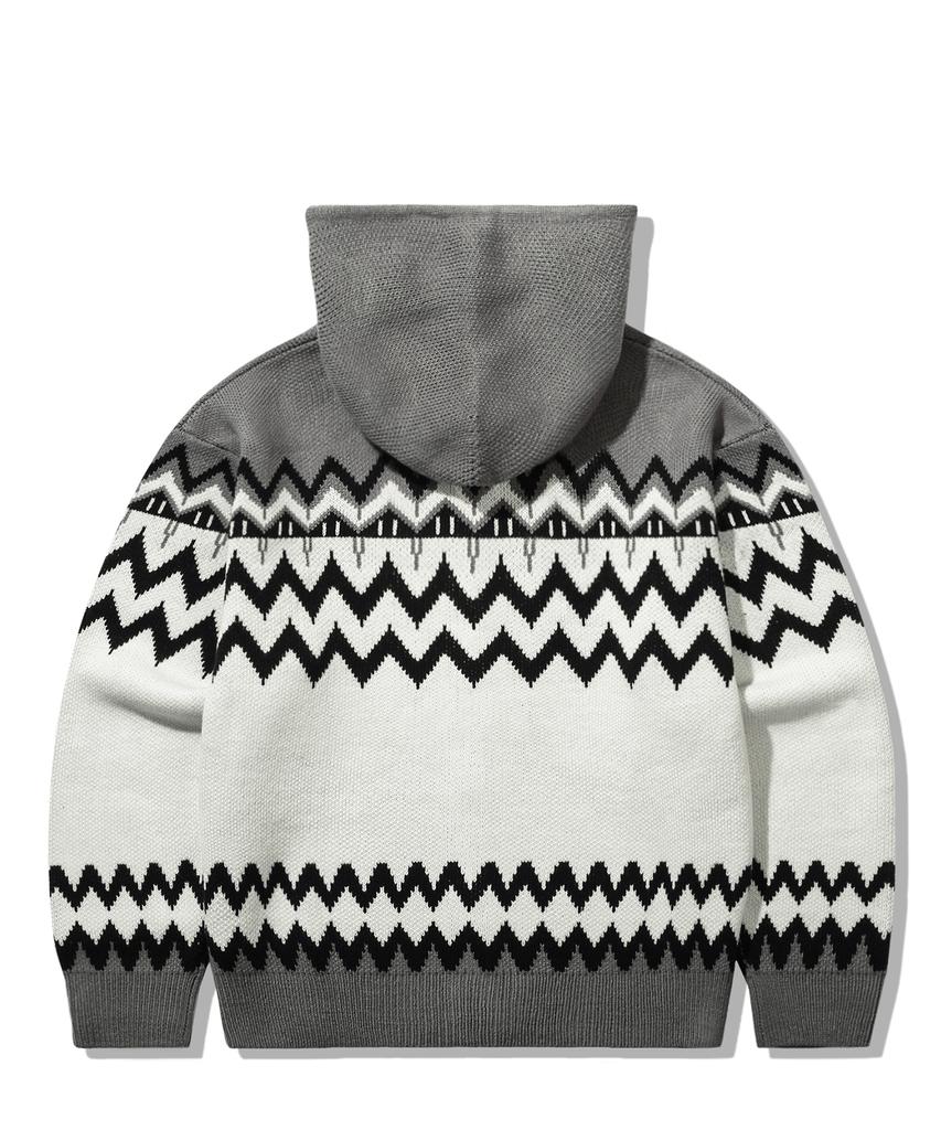 TRILLION Washable Nordic Jacquard 2-Way Hooded Zip-Up Knit [Gray]