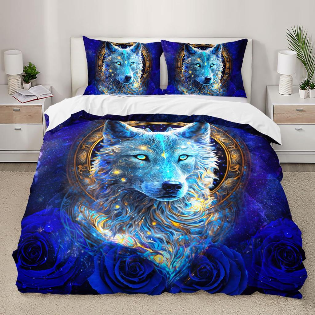 Purple Starry Night Galaxy Wolf Three-Piece Quilt Cover 3D Digital Printing Bedding Set Bed Cover