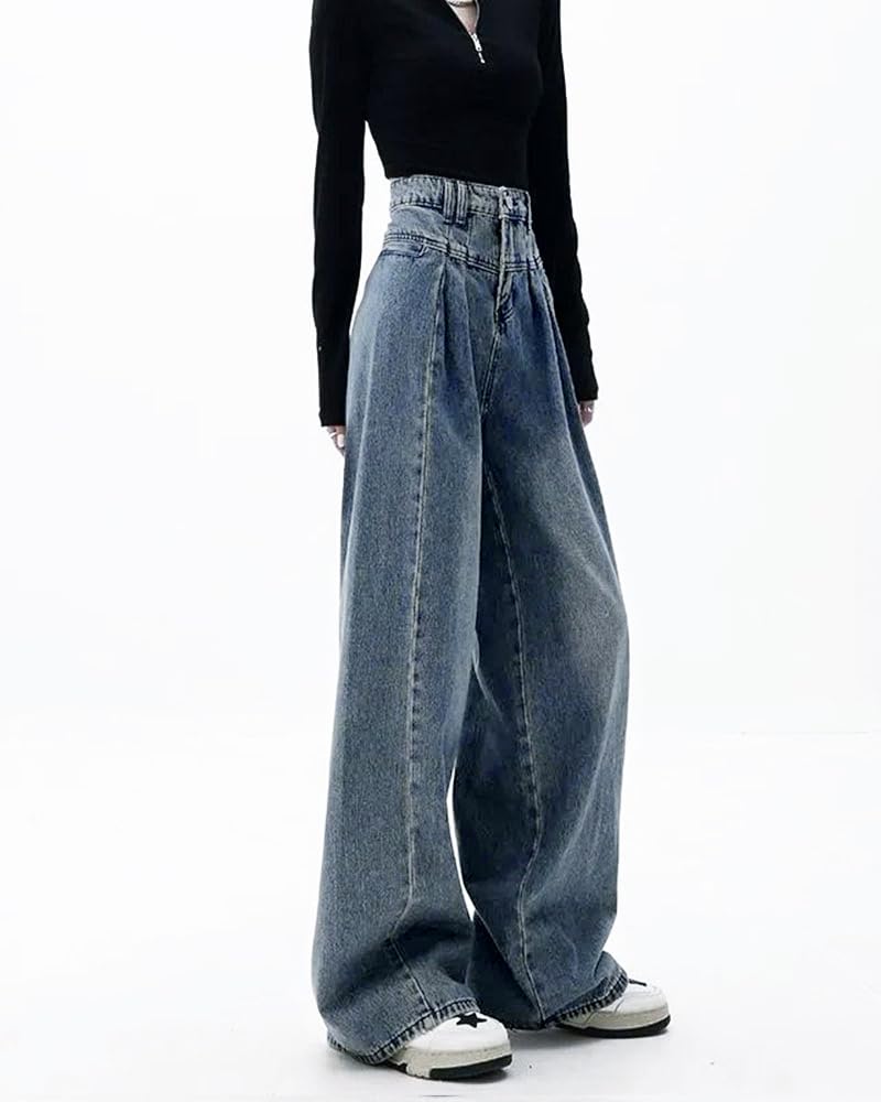 MTUIOY Denim Gaucho Locker Hohe Entspannte Weite Hosen, Damen Jeans, Hosen, Passform, Taille, Einfach, Figurschmeichelnd, Lässig, Stilvoll, Beinverlängernd,
