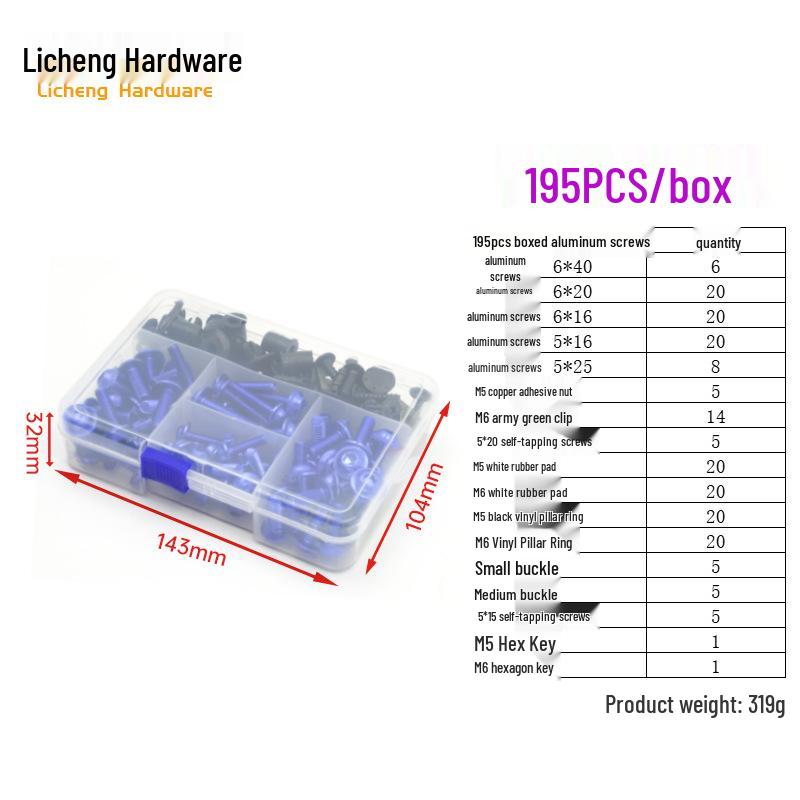 Śruby kolorowe do szyby motocyklowej ze stopu aluminium (177/183/198 szt.)