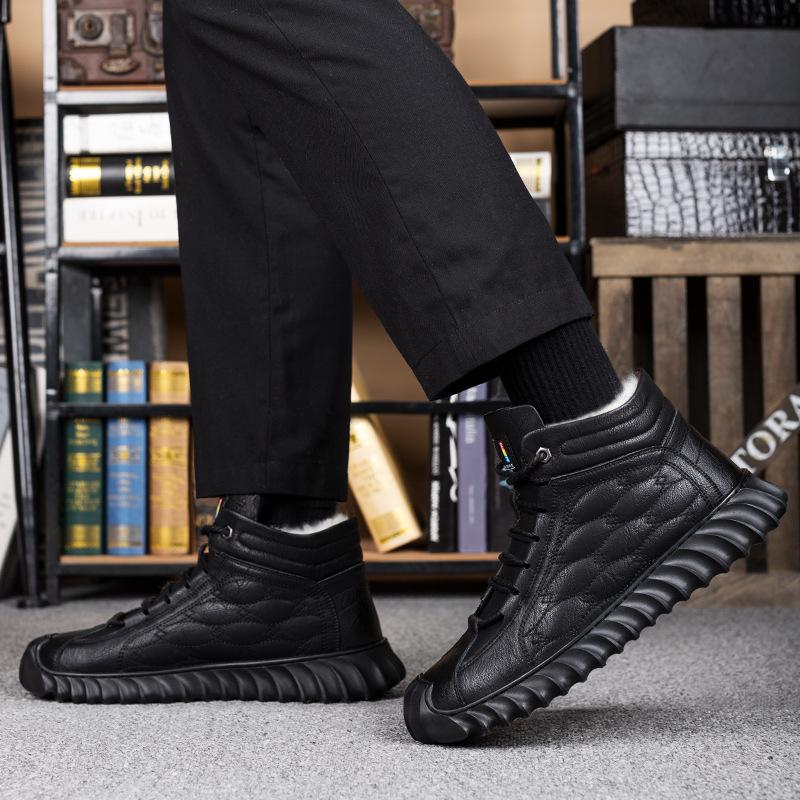 Men's Cotton Shoes Men's Trendy Velvet Winter Warm Casual Men's Shoes Leather Wool Snow Boots Medium Old Dad Shoes