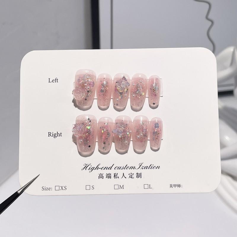 Handmade Press-On Nails Short Style With 3D Camellia Flower Glitter Sparkle Blush Effect Women