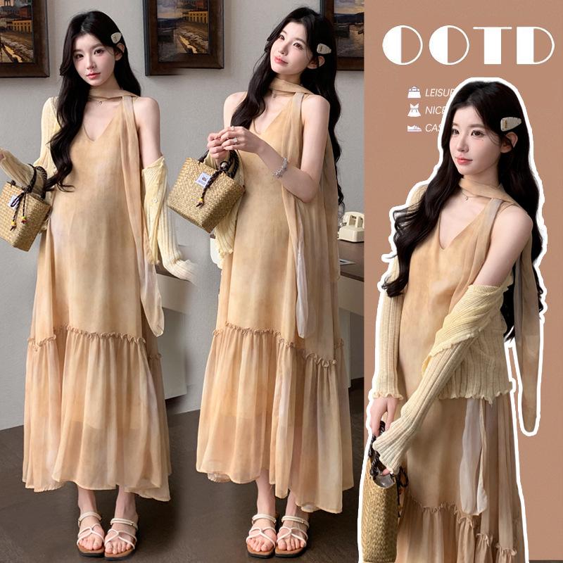 In-Stock Korean Style Sleeveless Dress & Sun Protection Cardigan Maternity Set M