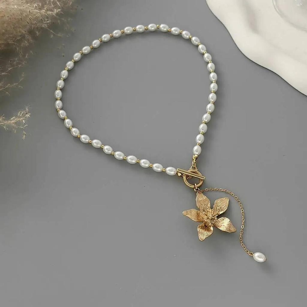 Ingemark Exquisite Luxury Imitation Pearl Choker Necklace Women Trendy Gold Color Flower Tassel Necklace Aesthetics Jewelry Gift