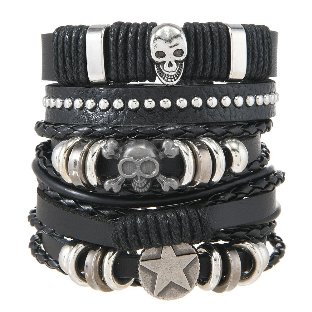 Men's Punk Skull Leather Bracelet Set Multi-Layer Gothic Rock Chain Bracelets Pentagram Charm Hip Hop Streetwear Badge Jewelry Accessories for Him