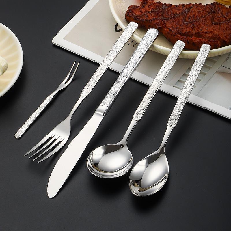 304 Stainless Steel Western Cutlery Set with Stone Pattern: Steak Knife, Dinner Fork, Dinner Spoon, Dessert Spoon.