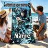 Personalisierbares Strandtuch mit Demon Slayer Aufdruck und individuellem Namen, für Reise, Camping, Strandparty, Heimdekoration, Geburtstagsgeschenk für Familie & Freunde