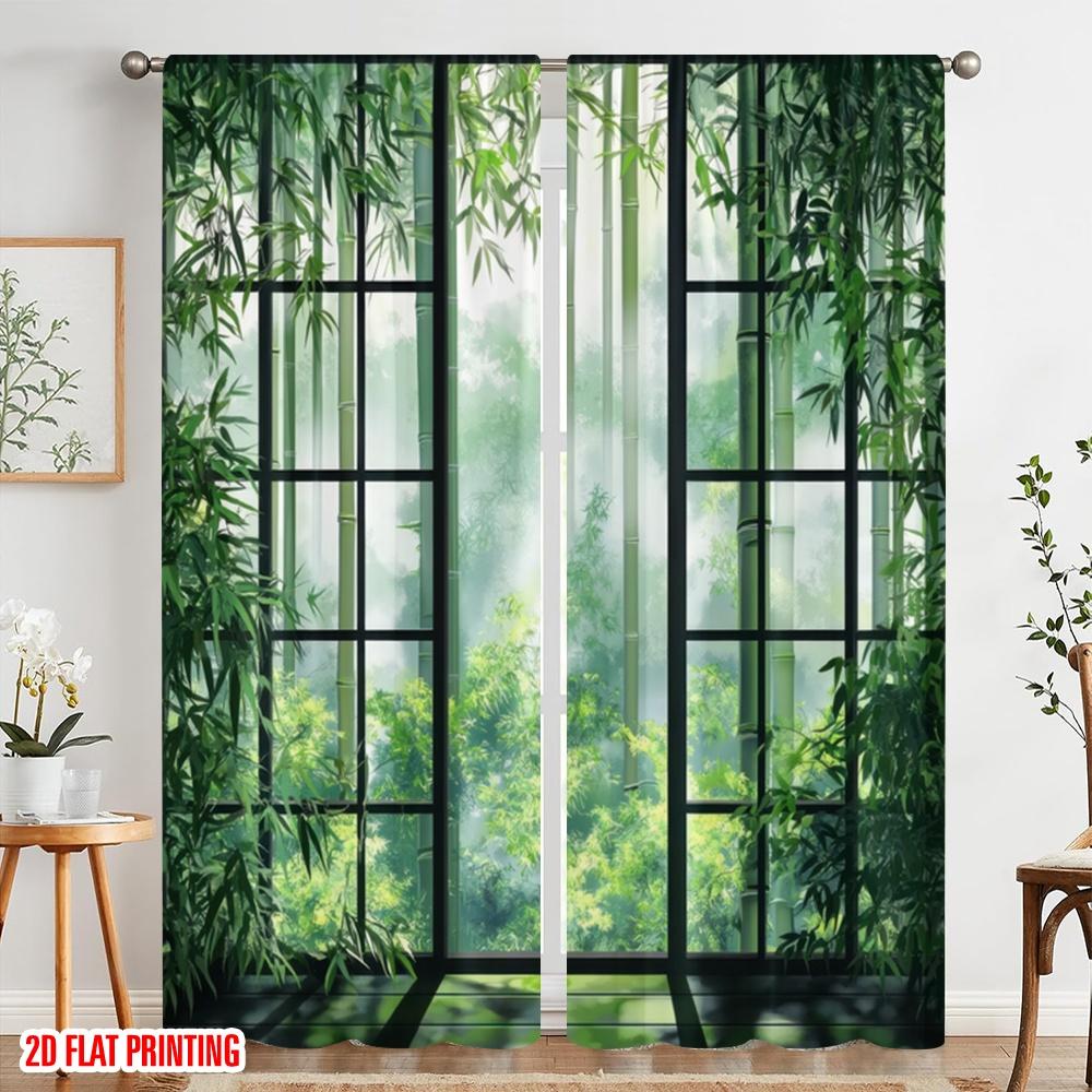 2pcs,2D Plane Printing Creative Curtains Bamboo Serenity(1) Polyester Fabric (without Rod) Art Deco Festive Use for Living Room,