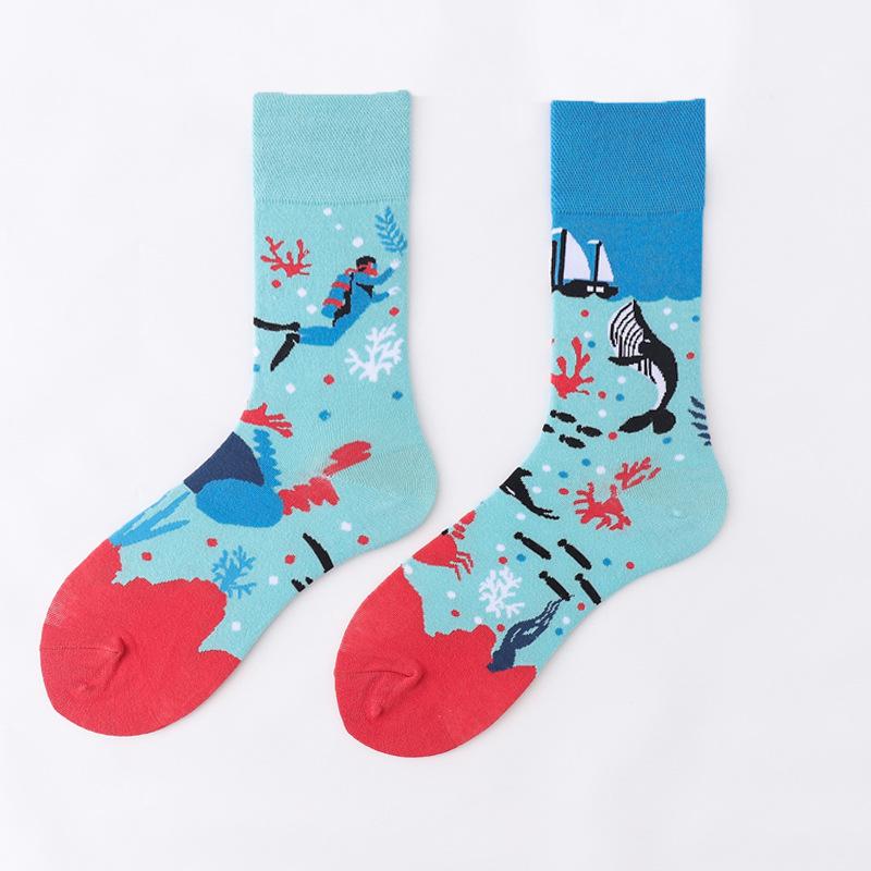 Personalized Cartoon AB Mismatched Socks Fashion Crew Couple Cotton Socks Women's Fancy Flower Fruit Tiger Print Funny Socks