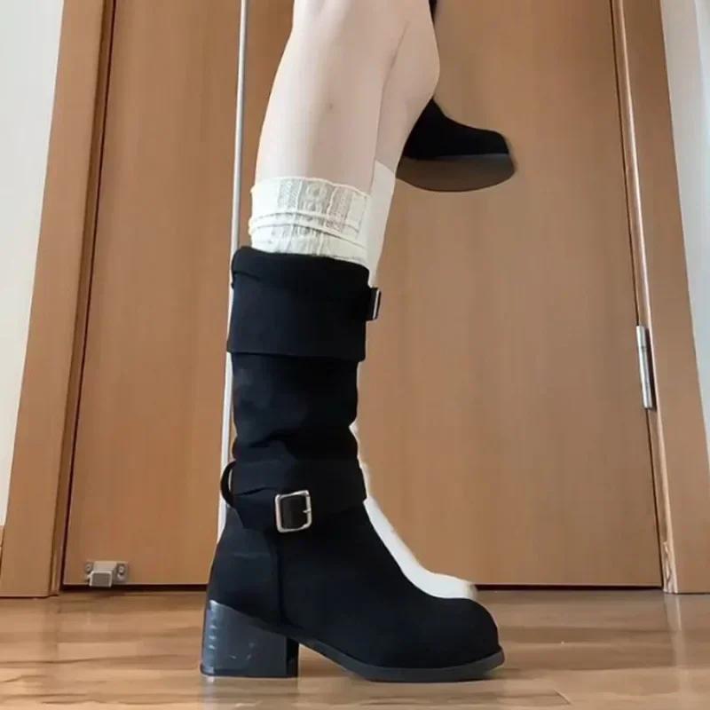 Comemore Plateforme Talon Épais Femmes Bottes Western Cowboy à Enfiler Pliées Pile Bottines Longues Chaussures Féminines Automne Hiver