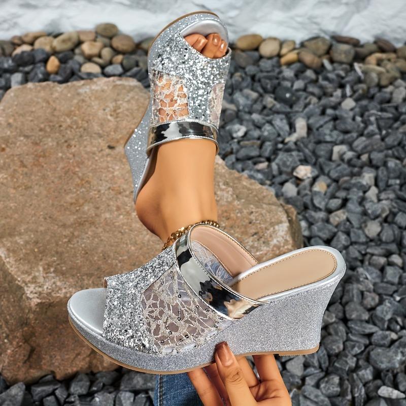 Women'S Elegant Slip-On Wedge Sandals with Glittery Sequin Lace Detail, Open-Toe Platform Heel & PU Cover Upper - Versatile Casual To Formal Shoes