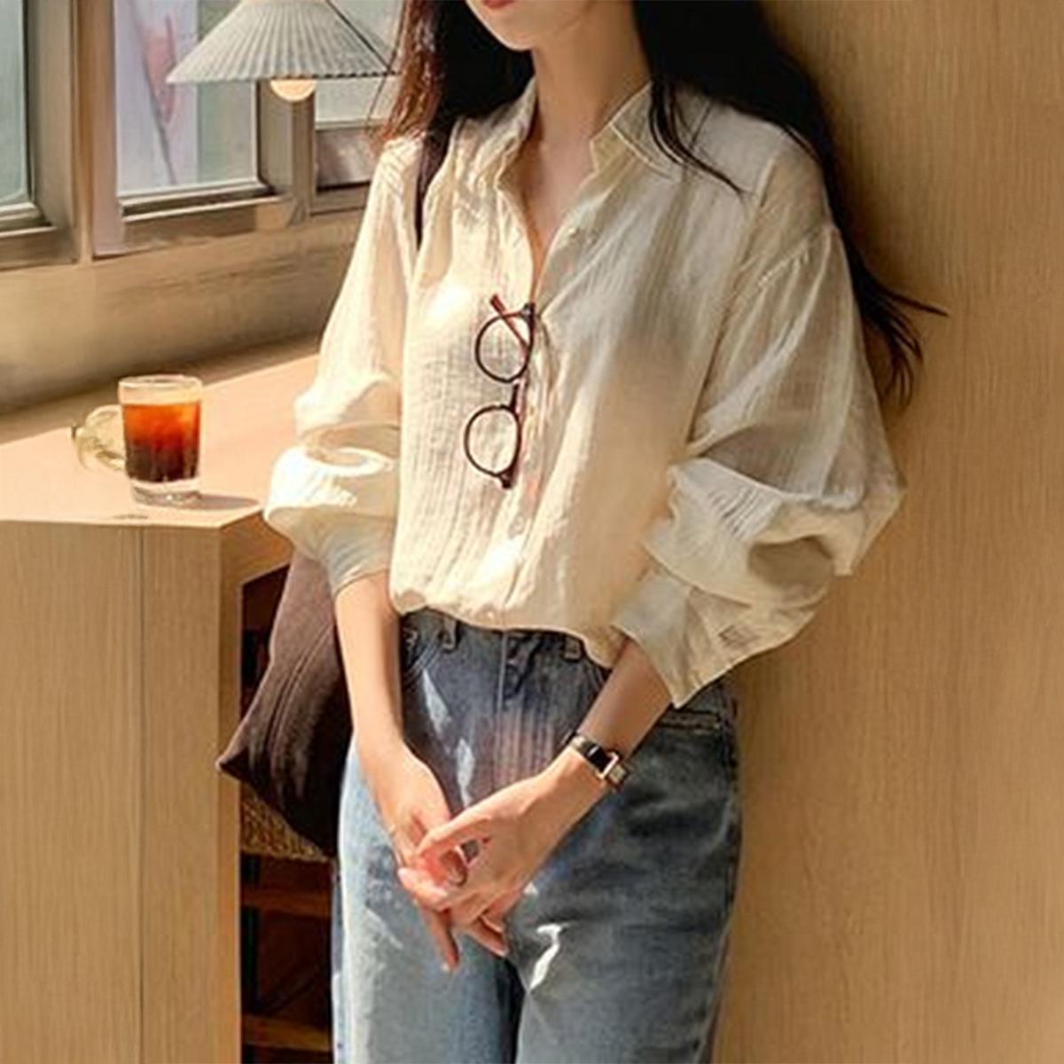 

Повседневная простая рубашка-кардиган с воротником поло для женщин 2025 Осень и Зима S абрикосовый