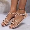 Fashion 2025 Summer New Style Rivet Thin Strap T-toe Sandals Summer Square Toe Flat Bottom Women's Going Out Roman Women's Shoes