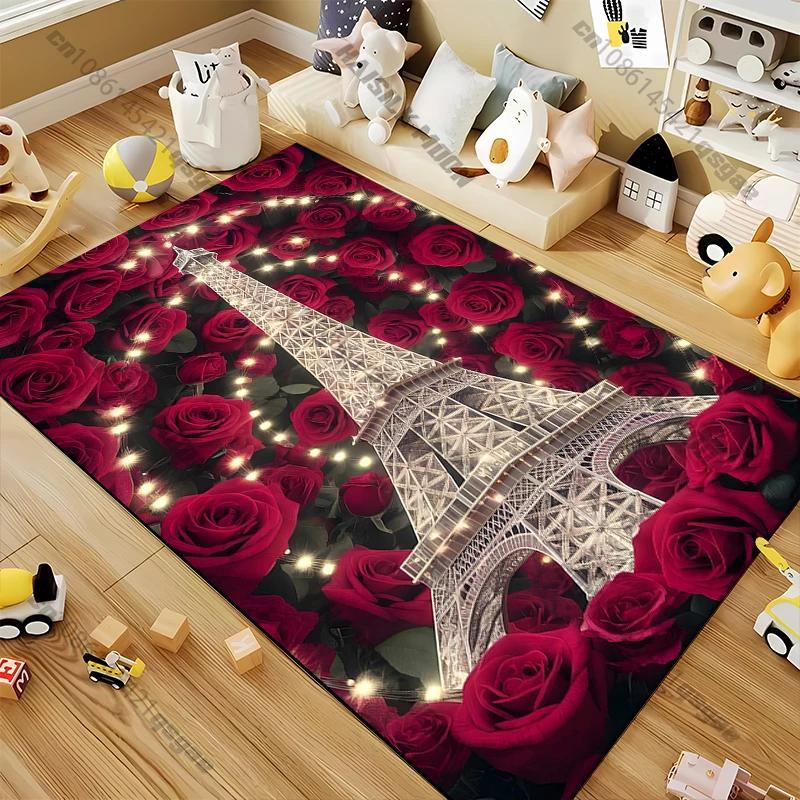 Roses and Eiffel Tower Pattern Rug for Bedroom Living Room Carpets for Girls Room Floor Mat Home Decor Non-Slip Rug Large Size
