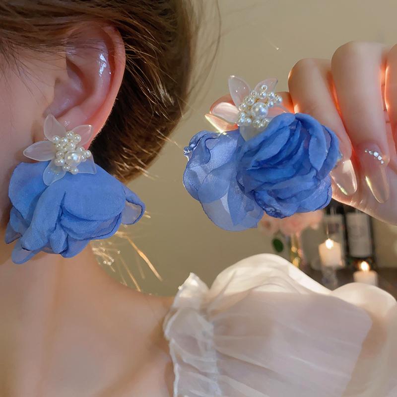 Pink Flowers Mesh Long Tassel Earrings For Women Sweet Temperament Crystal Drop Dangle Earring Party Wedding Jewelry