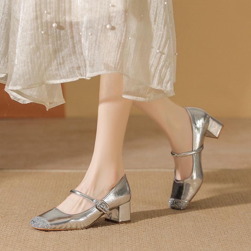 Sheepskin Not Tired Feet Single Shoes Square Head Rhinestone One-word Buckle Thick Heel Mary Jane Shoes Women's High Heel Ballet Shoes