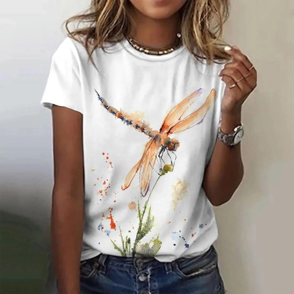 Damska koszulka 3d Dragonfly Printed Girls Top Street O-Neck z krótkim rękawem modna koszulka letnia codzienna koszulka dla kobiet