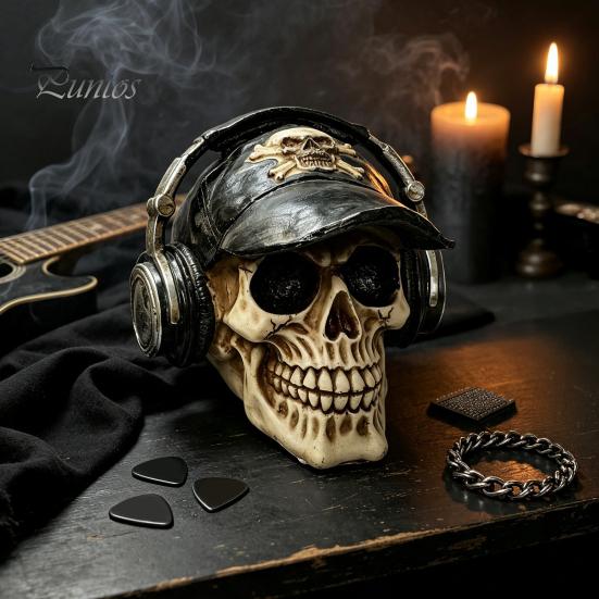 Durable Synthetic Resin Ornaments Hip-hop Headphone/Steampunk Skull Figurine, Skeleton Statue, Vintage Steampunk Style Statue Ornament for Haunted