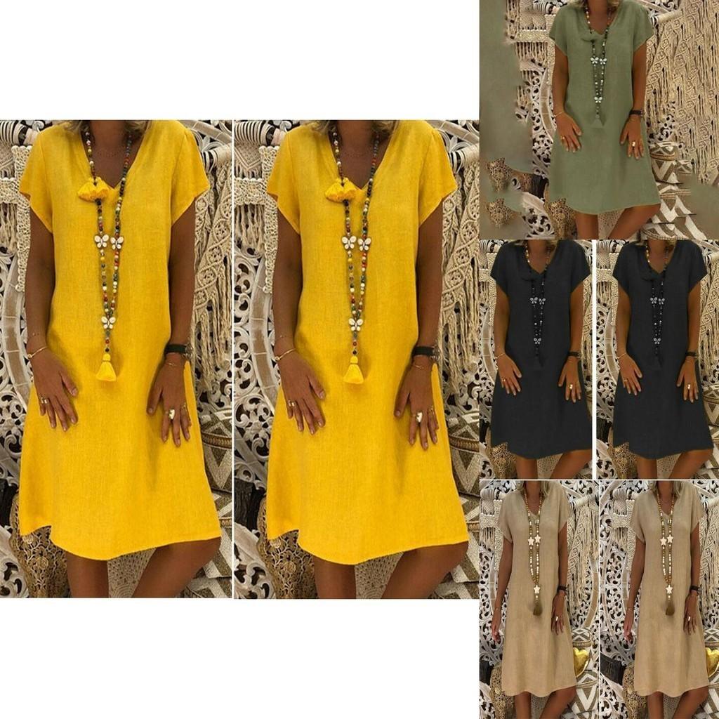 Robe Tunique Midi Élégante d'Été à Manches Courtes et Col en V pour Mode Grande Taille