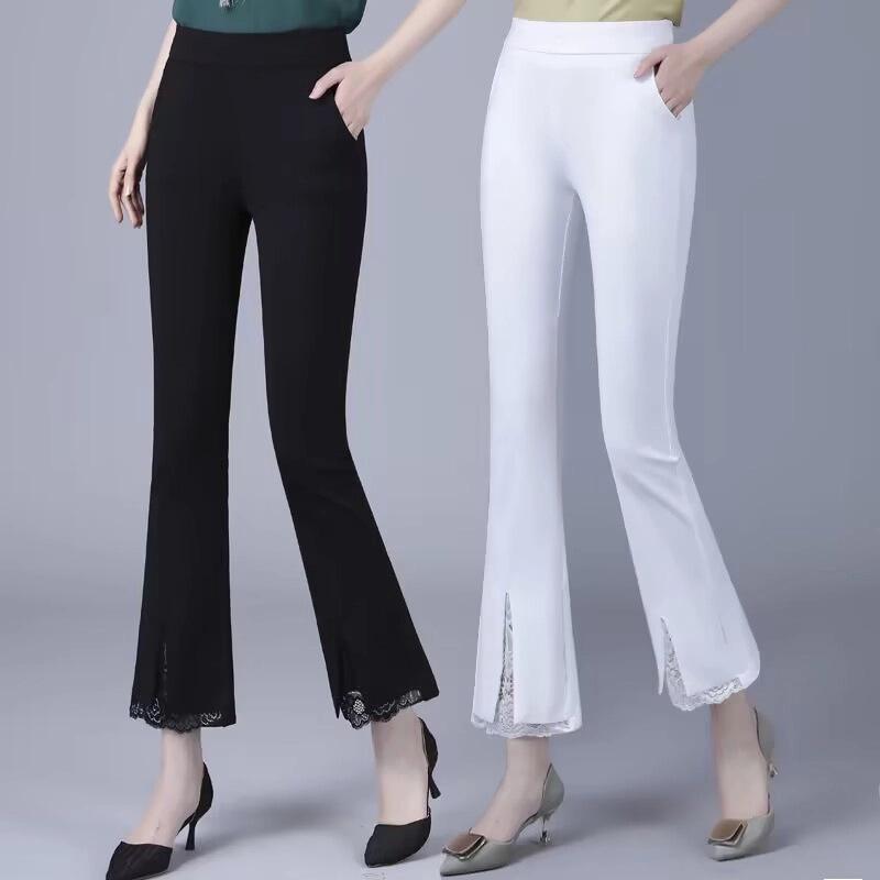2025 Lace Trim High-Waisted Stretchy Micro-Flare Pants – Women's Fashionable Slimming Nine-Tenths Length