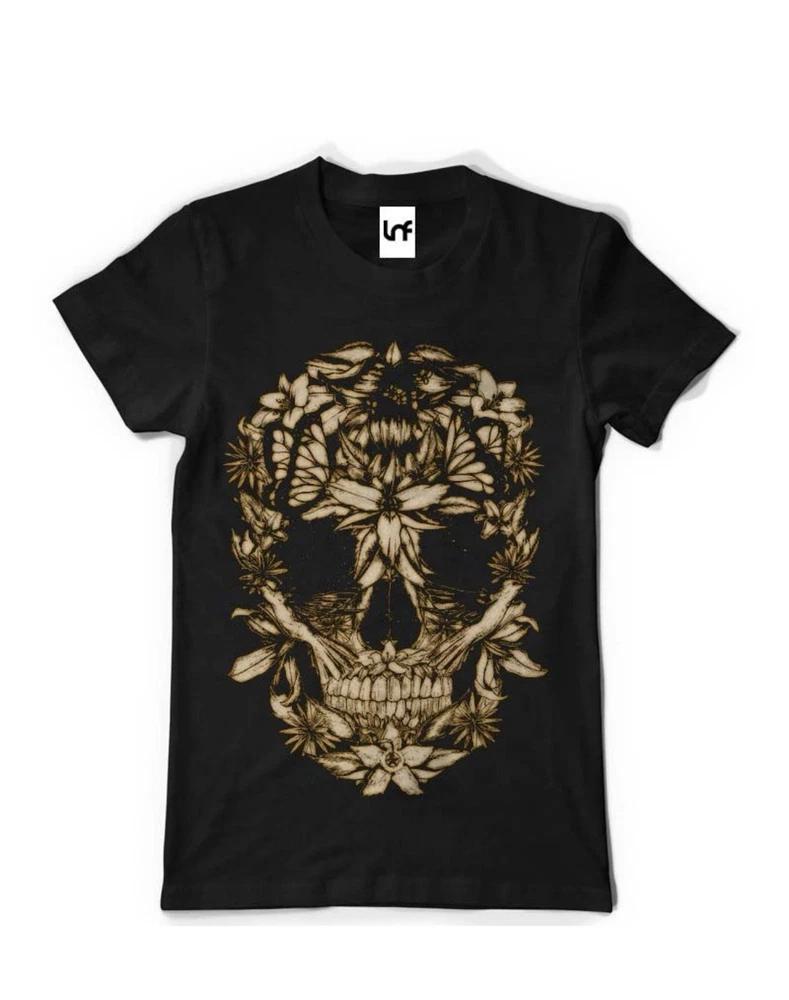 Flowers Skull Printed Graphic Tee Unisex Black TShirt (Sb015) S