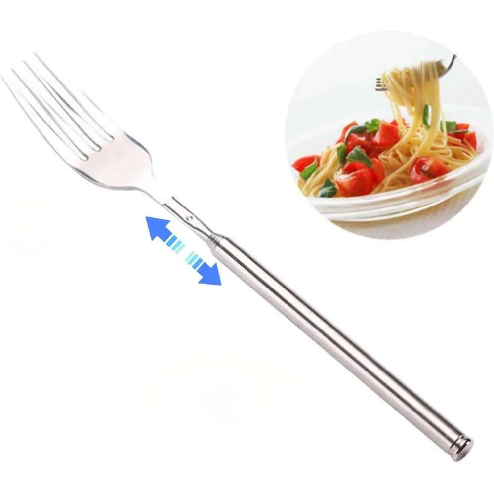 Extendable Fork Telescopic Dinner Fruit Dessert Long Cutlery Forks Barbecue Meat Fork Kitchen Accessories Tools Silver Stainless