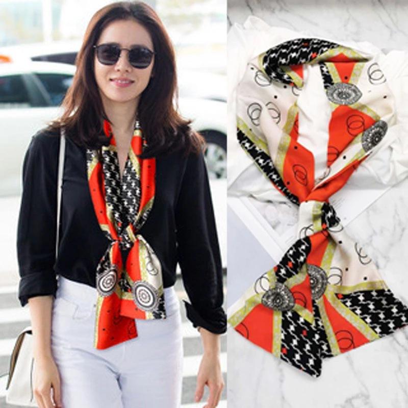 Luxury Design Women Summer Long Silk Scarf Hair Headband Foulard Skinny Bag Scarves Neckerchief Lady Shirt Decorative Streamers