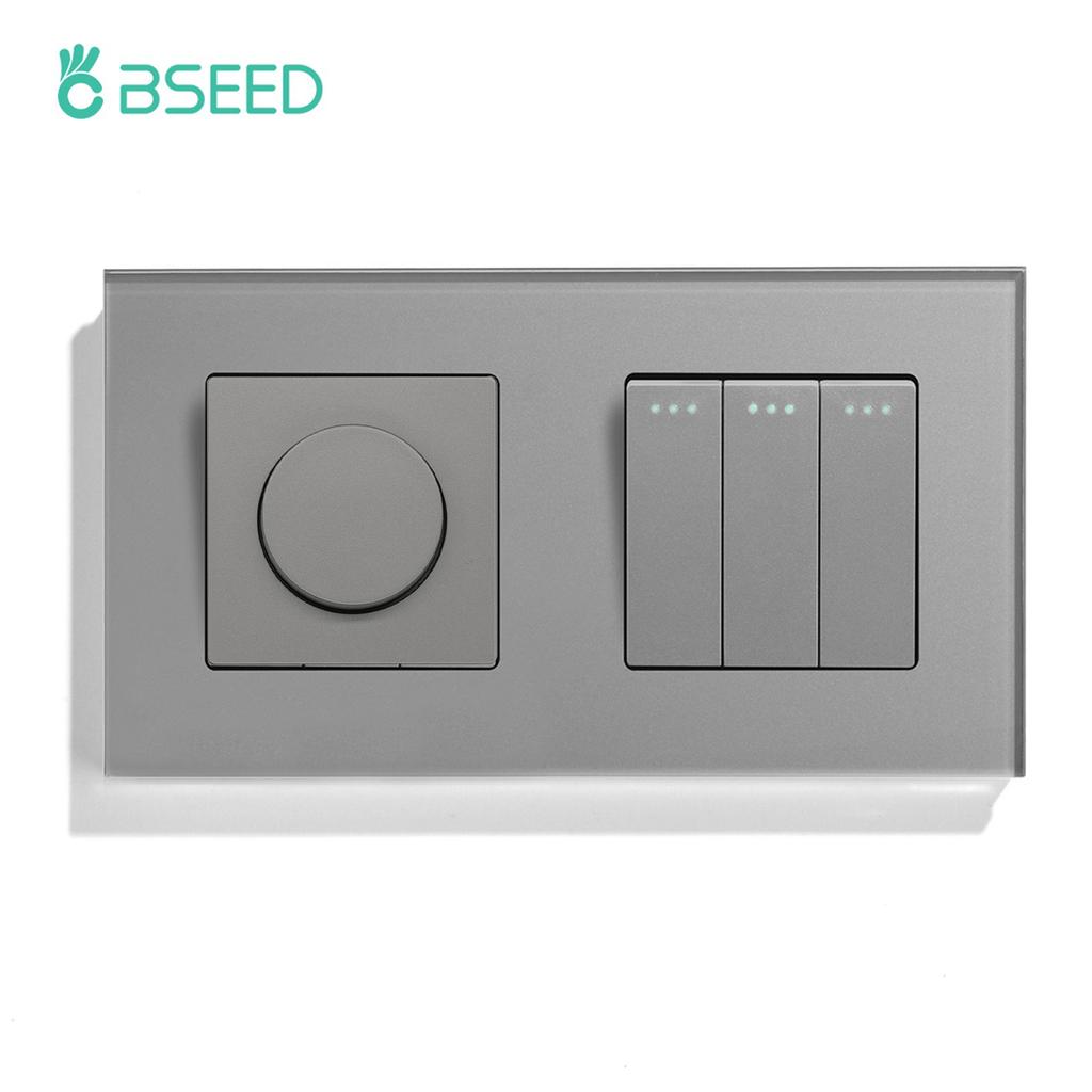BSEED Mechanical Dimmer Fan Switch With 1/2/3Gang Wall Light Switches EU Socket USB Type-c Power Ports  2.1A Glass Panel