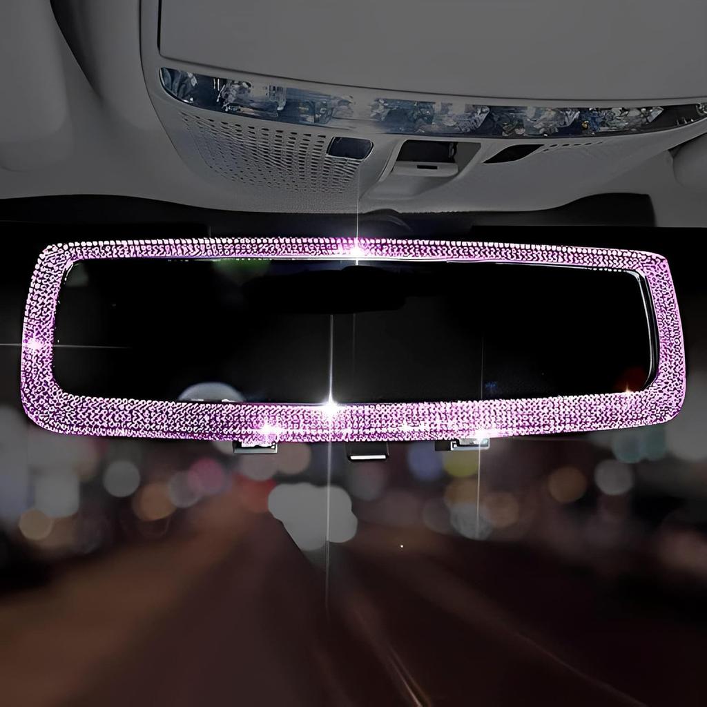 Bling Rhinestone Car Rear View Mirror with Crystal Diamonds Bling Rhinestones for Women,Car Interior Trim (Pink)