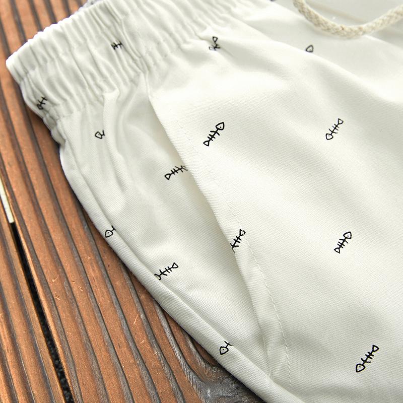 Summer Shorts Men Fitness Sport Elastic Waist Drawstring Shorts Men's Beach Pants Calf-length Design Fish Bone Printing Male