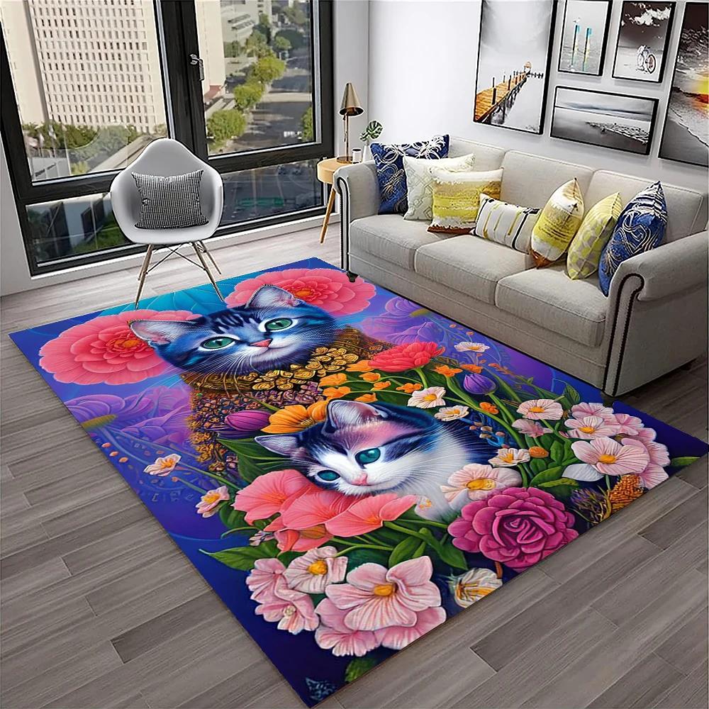3D Cute Cat Flower Cartoon Carpet Rug for Home Living Room Bedroom Sofa Doormat Decor,Child Play Area Rug Non-slip Floor Mat