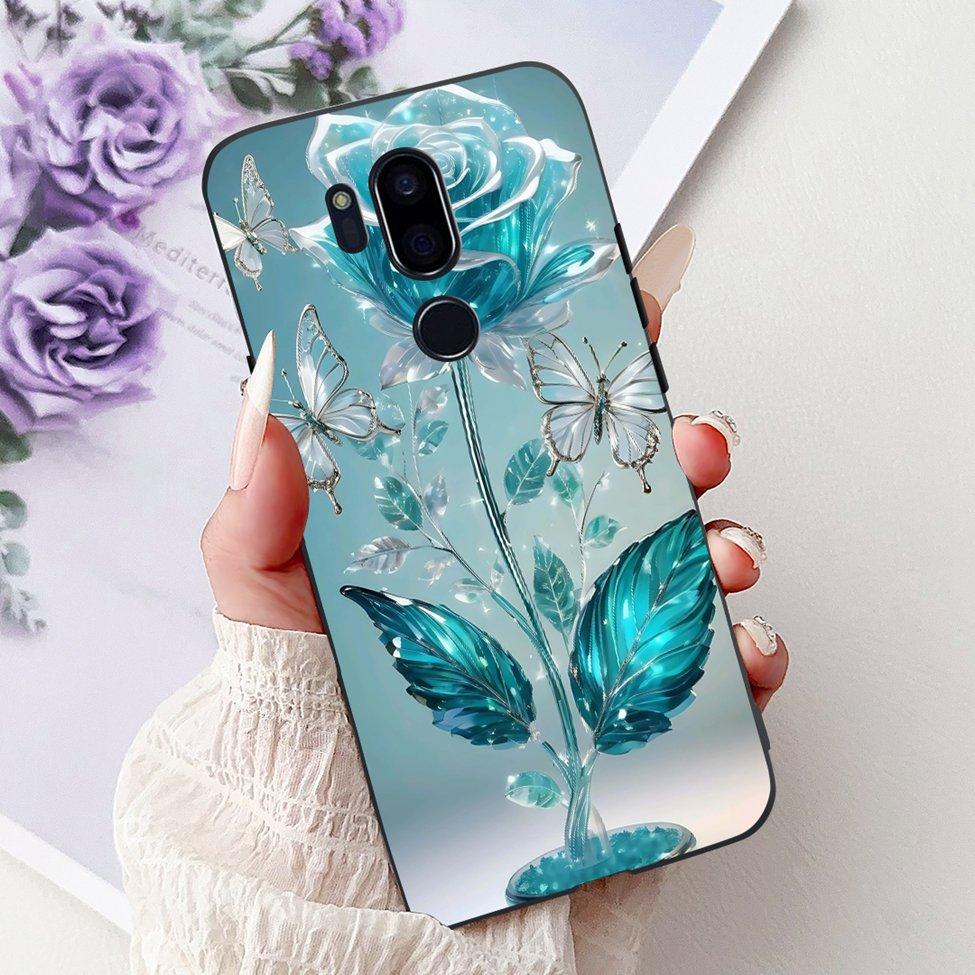 Para LG G7 ThinQ Funda Silicona Negra Gato Lindo Flores de Moda Trasera Pintada Genial Para LG G7ThinQ Funda de Teléfono LMG710EM