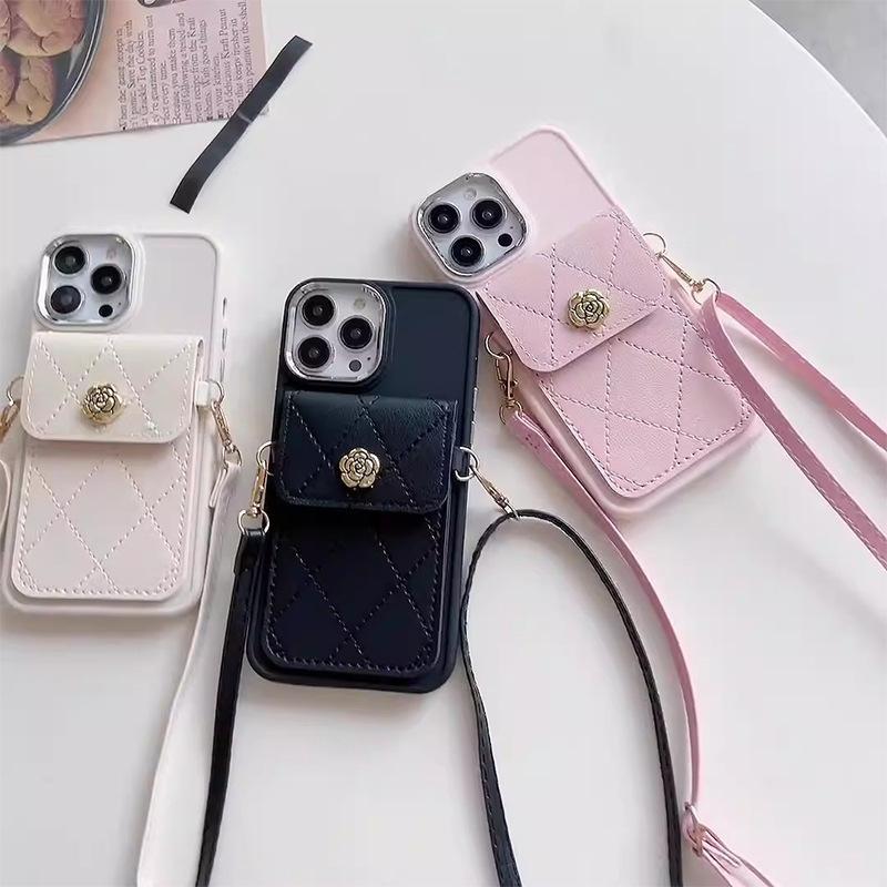 Camellia Money Bag Card Bag Phone Case for IPhone 17 Promax Crossbody Rope Leather Rope for Apple 15 Solid Color Soft