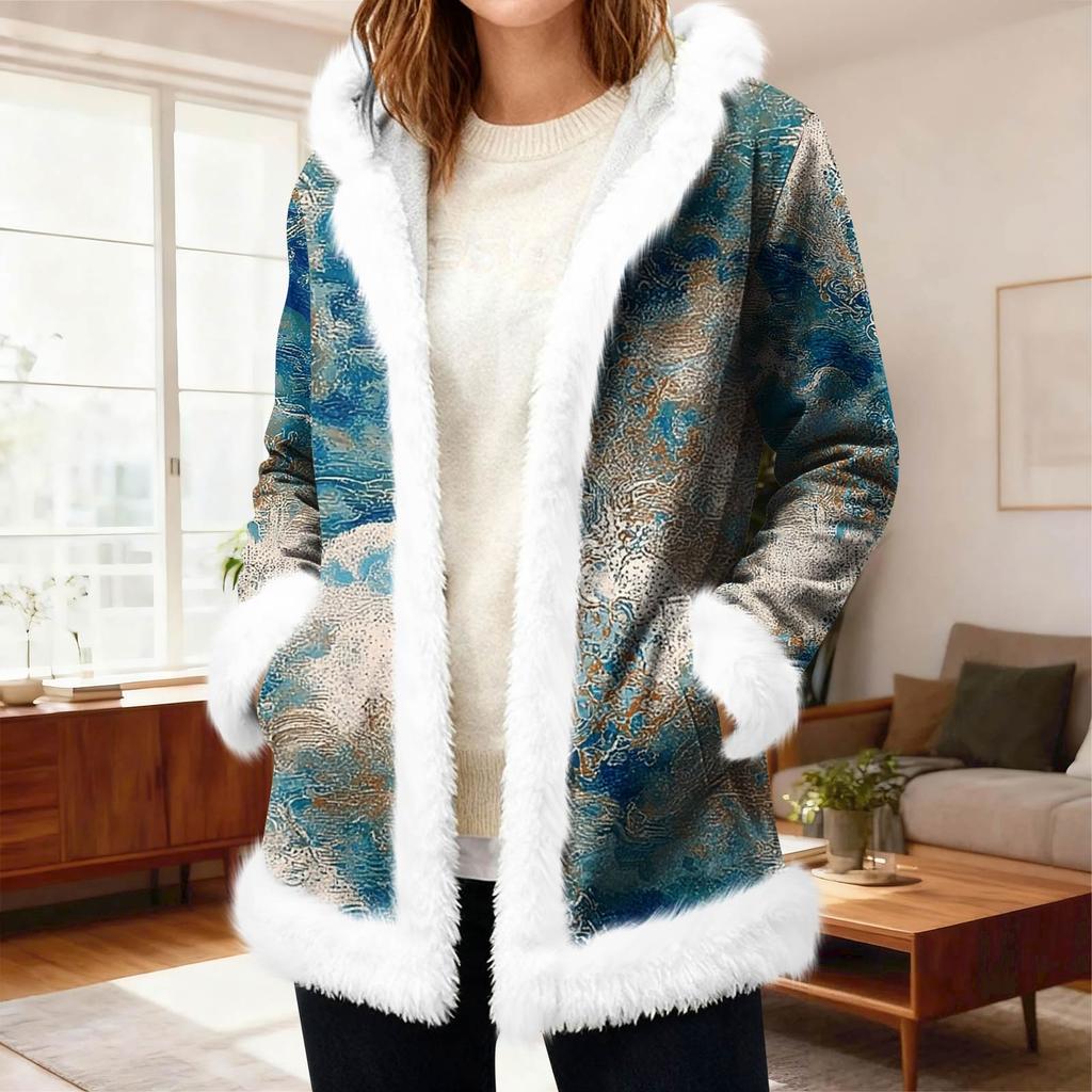 Lässiger Damen-Fleece-Kapuzen-Cardigan mit Taschen Warme Oberbekleidung