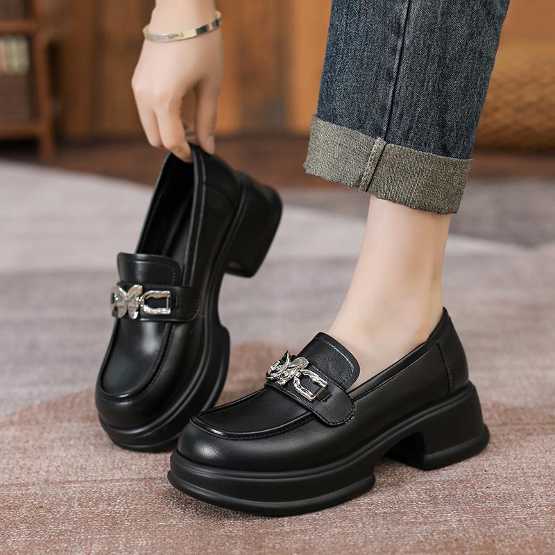 

Женская платформа повседневная обувь ветер одна педаль ретро удобные одинарные туфли цветок толстый каблук черные маленькие кожаные туфли 40