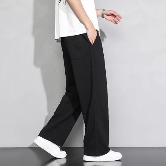 Men Cargo Pants Drawstring Elastic Waist Solid Color Thin Pockets Loose Straight Wide Leg Sport Trousers Daily Wear Casual Pants