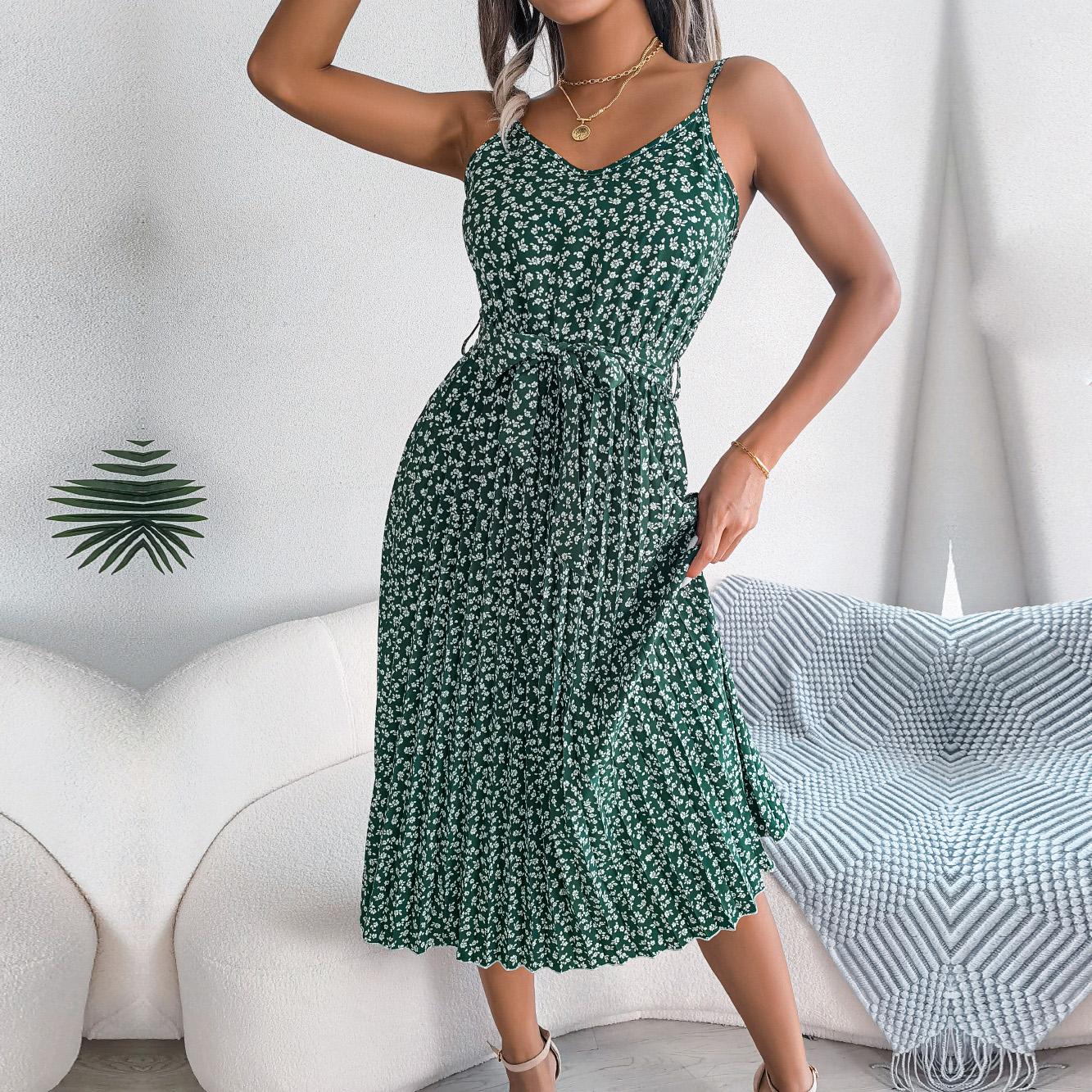 

Женское плиссированное платье на бретельках без рукавов с цветочным принтом средней длины, весна-лето, S-XL M зелёный