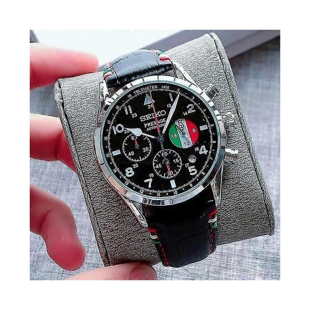 (Black) Seiko Men's Casual Quartz Watch Leather Strap Black And White Dial Automatic Date Multifunction Timer Luminous Six-needle
