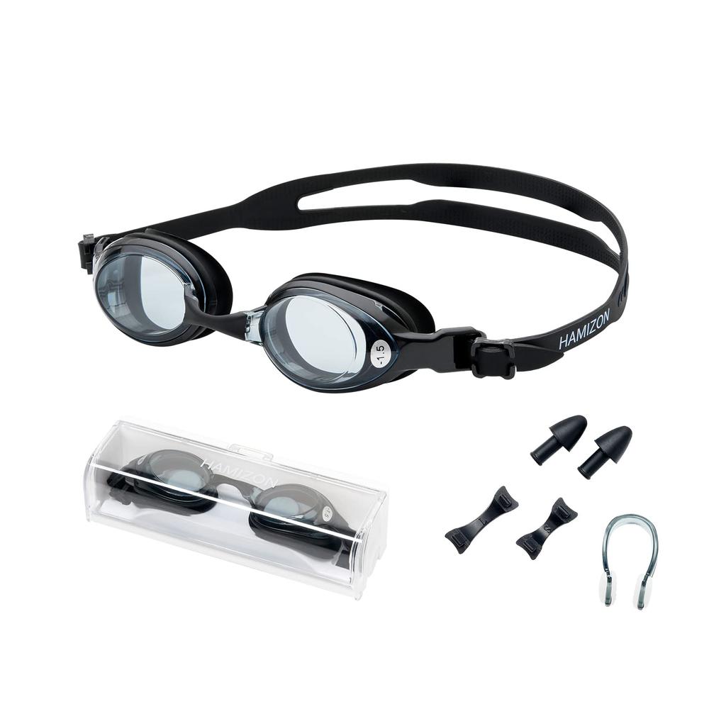 HAMIZON Swimming Goggles with Prescription 3 Nose Nose and Case Included Lenses, Anti-Fog, Sizes, Strap, Clip, Earplugs, (-1.5)