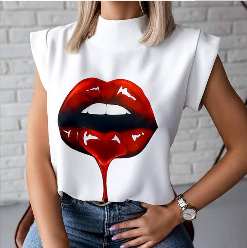 Summer Lips Print Stand Collar Ladies' Short-Sleeve Pullover Shirt